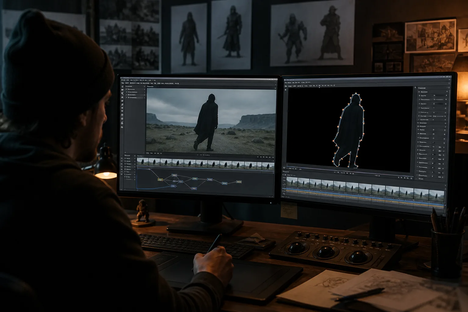VFX artist workstation with monitors showing character silhouette masking