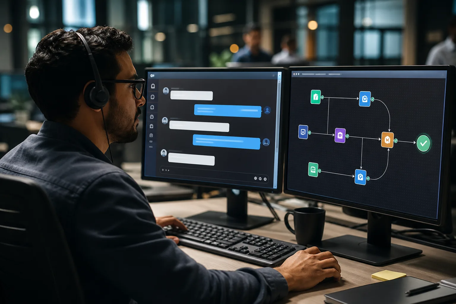 AI agent vs chatbot: a conversational window beside a workstation where software takes multi-step actions on tools
