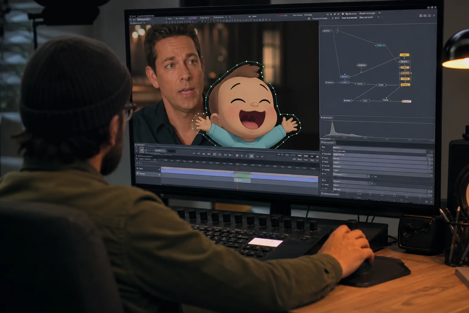 Compositing desk showing the AI baby meme origin as a cartoon character over adult footage