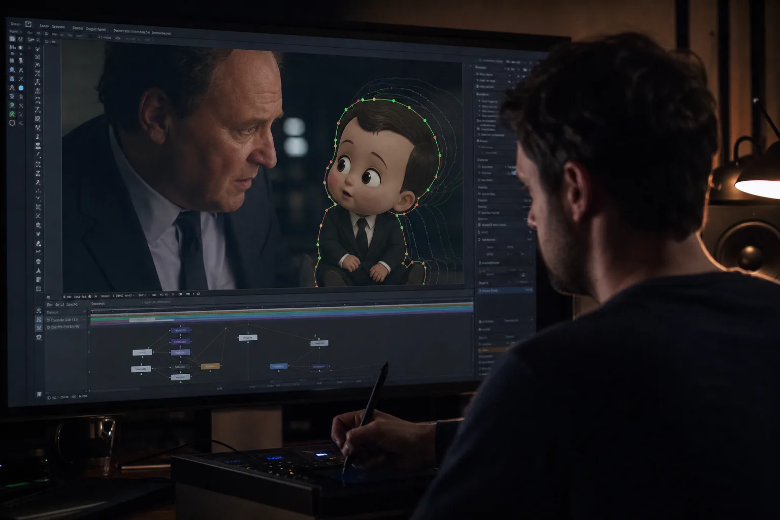 Compositor drawing a matte spline around a cartoon infant character on a VFX monitor