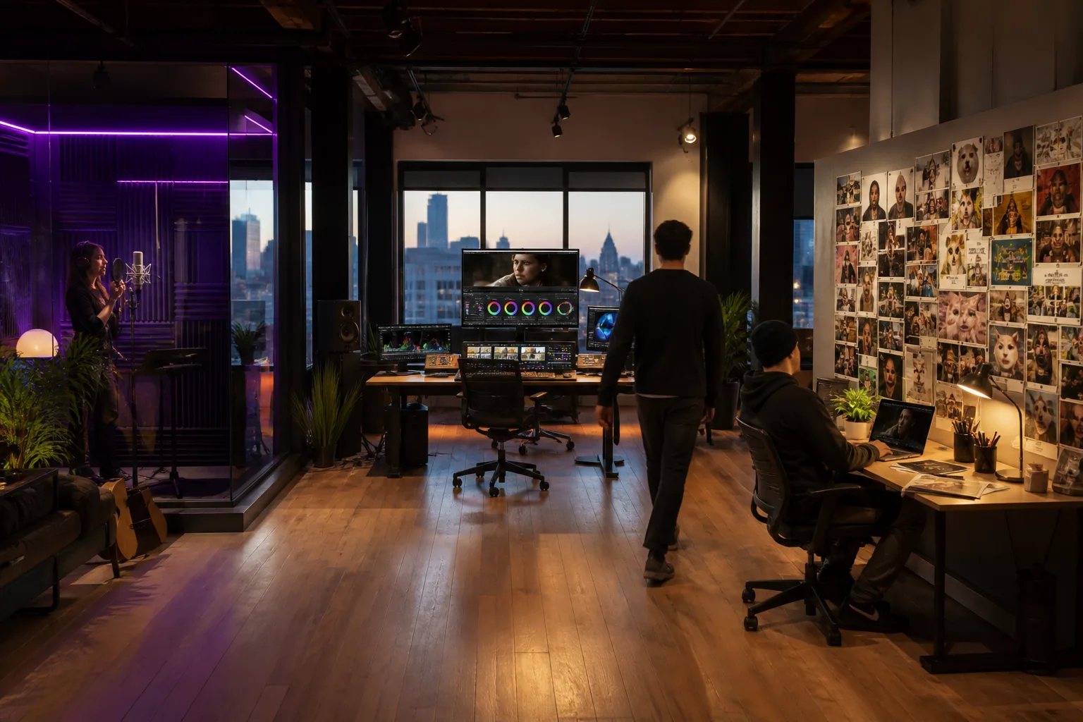 Three creator stations for audio, video grading, and printed meme stills