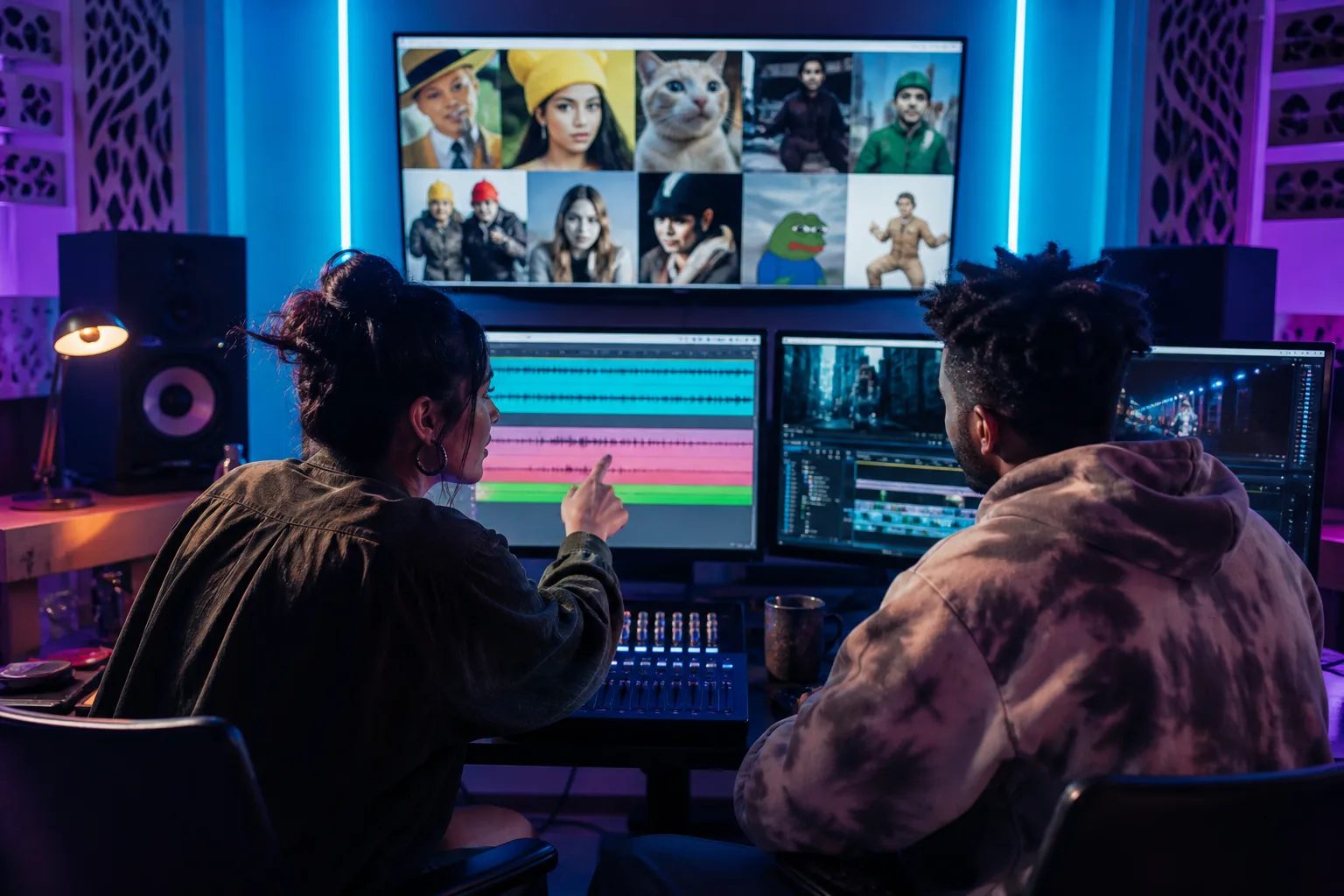 AI culture media entertainment studio with creators working on audio, video, and memes