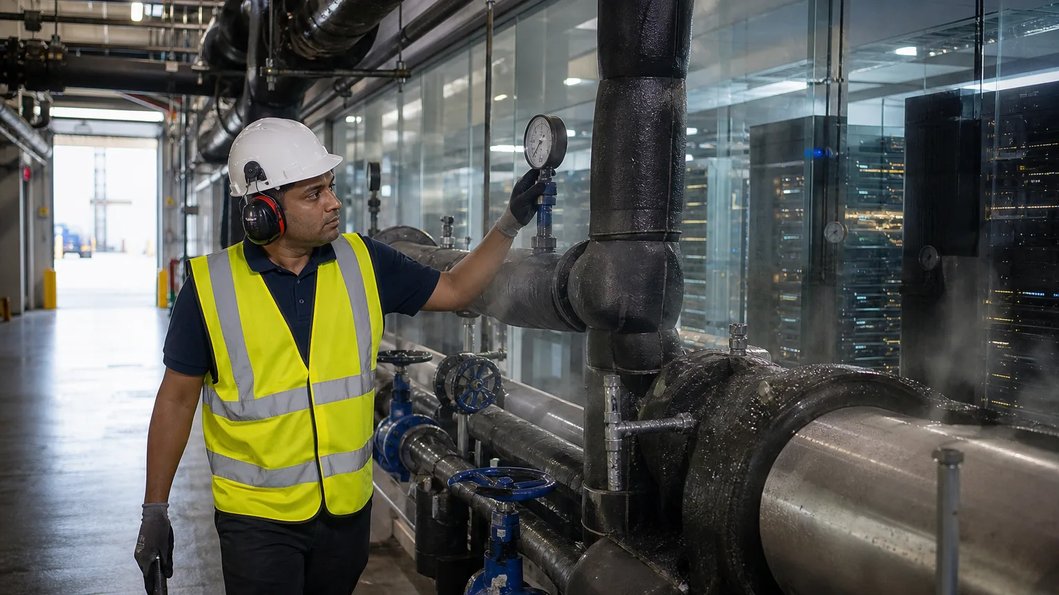 Cooling towers and water pipes beside a data-center hall