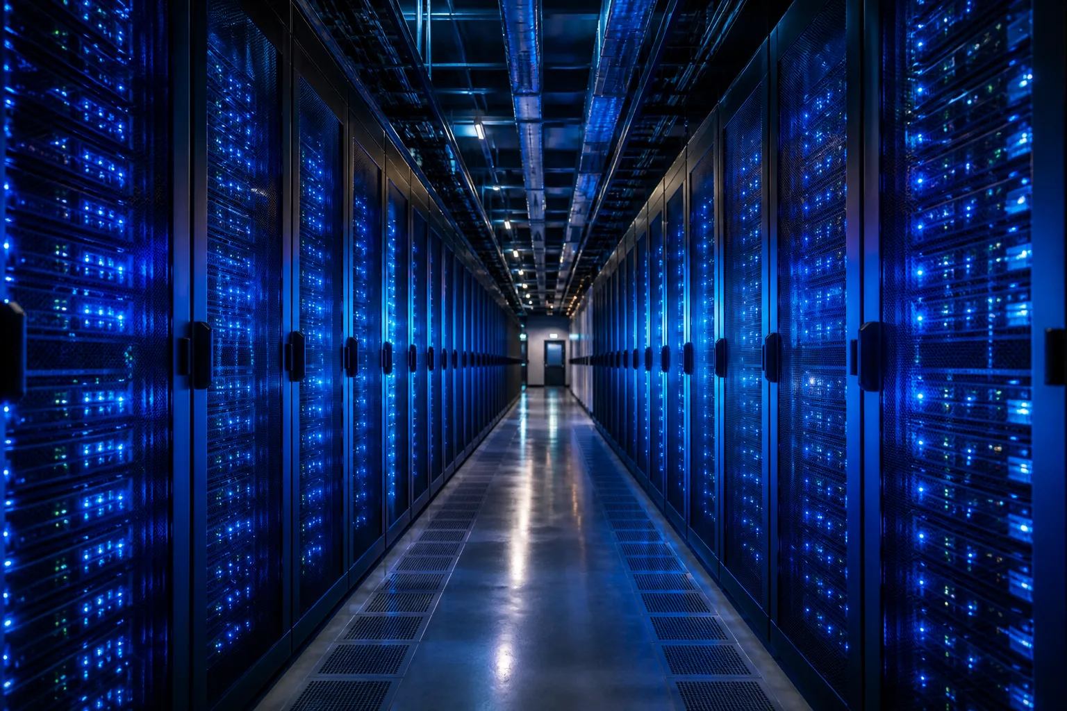 Data-center corridor representing electricity demand that warms the Arctic