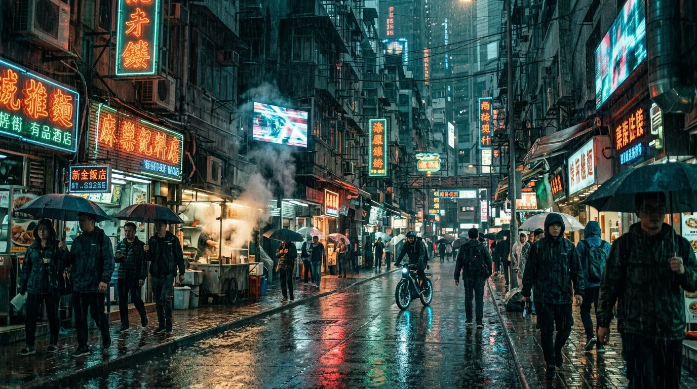 A highly detailed photorealistic 4K cinematic still of a bustling cyberpunk city street in the rain demonstrating AI video generation quality