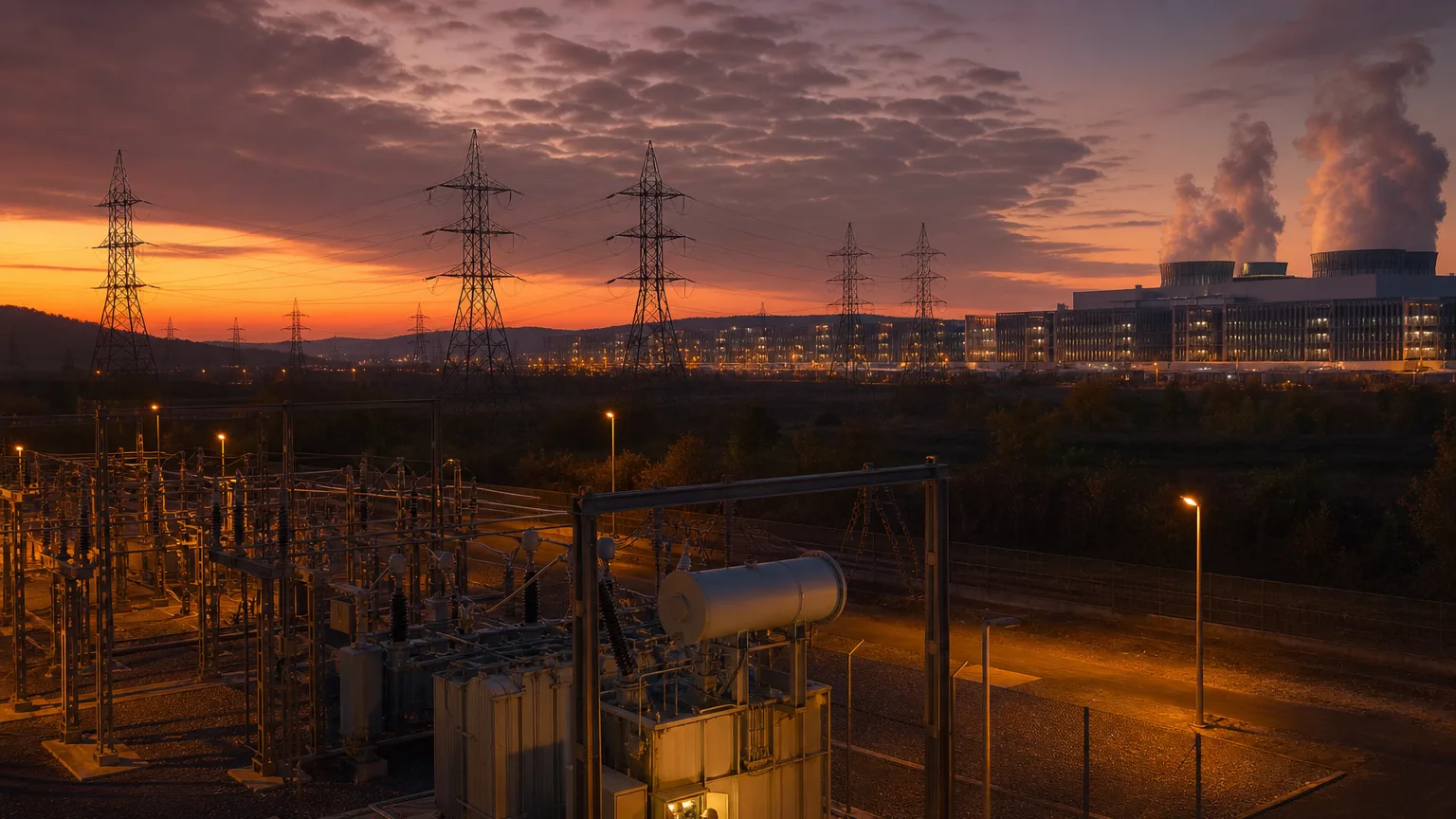 AI is ruining everything: a power substation feeding a data-center campus at dusk