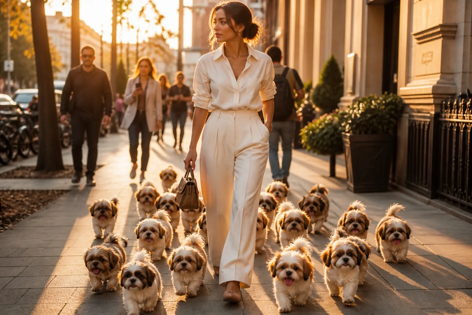 Fashion-editorial photo of a person surrounded by many small fluffy puppies for the TikTok AI puppy trend