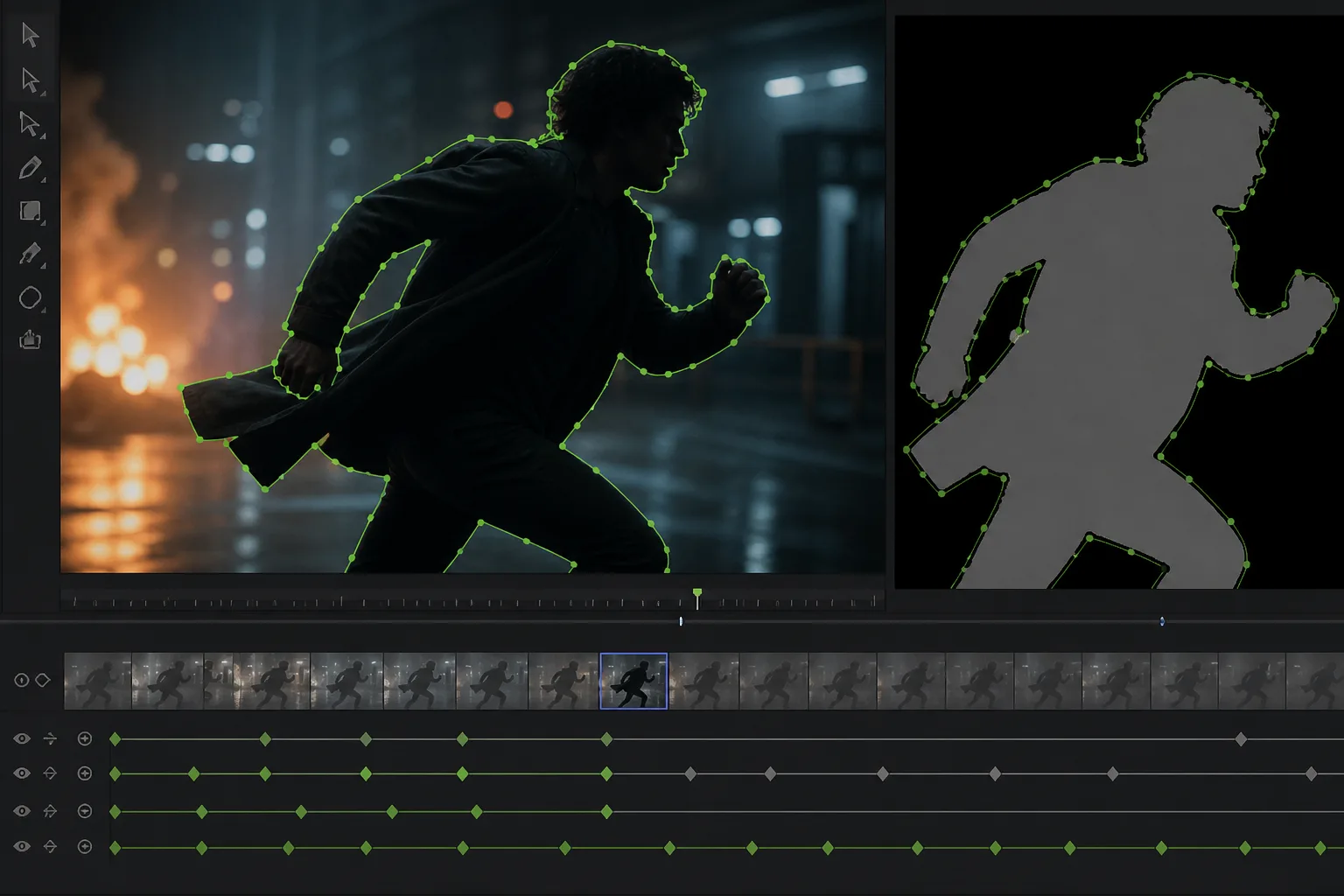 Bezier splines hugging a moving subject silhouette on a compositor timeline
