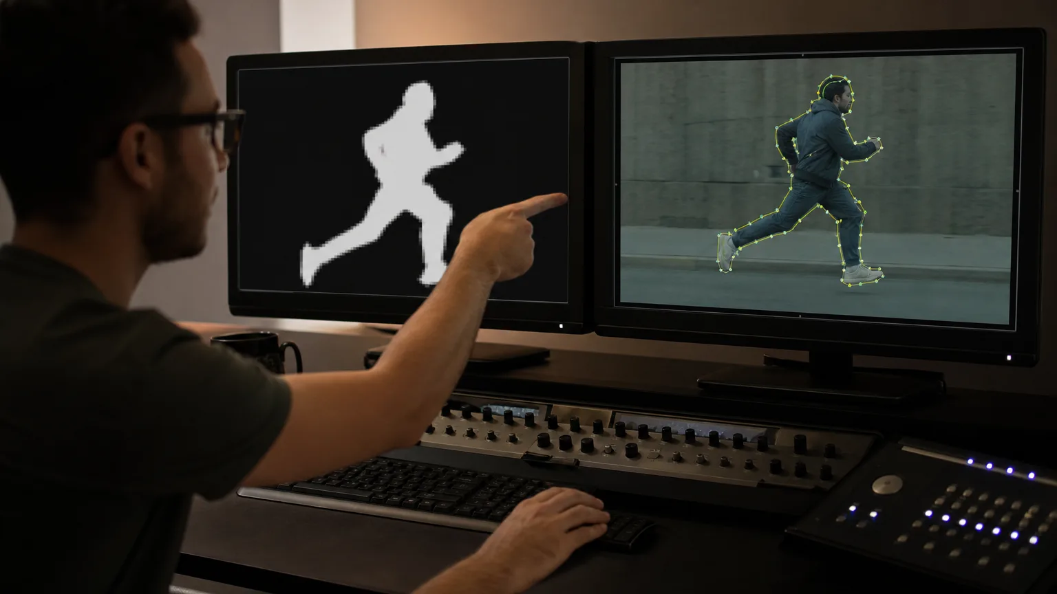 Split workstation showing a raster matte beside editable Bezier splines