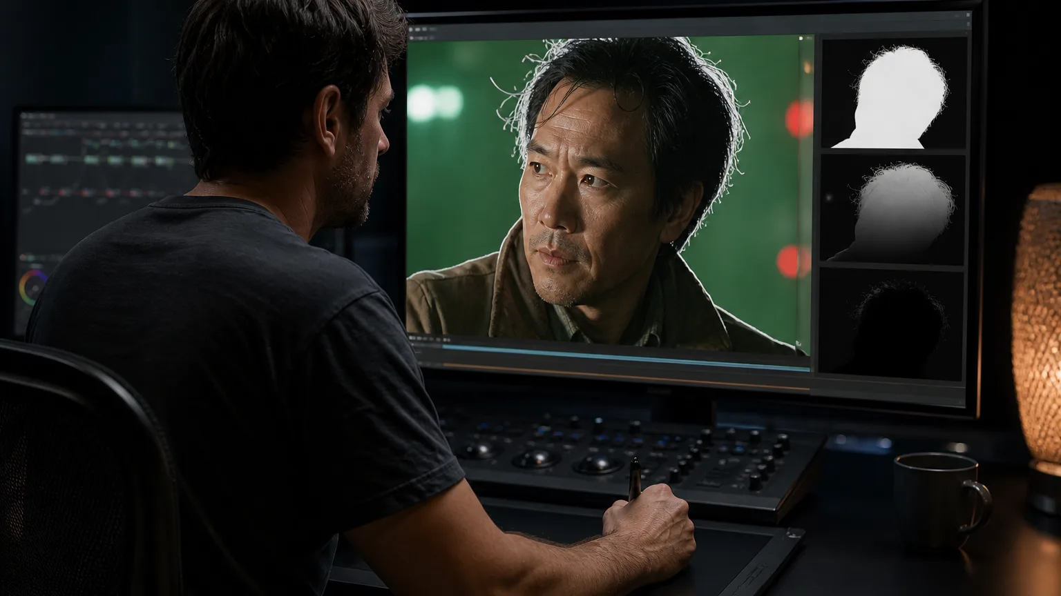 AI rotoscoping: a compositor refining a hair-edge matte on a cinema display