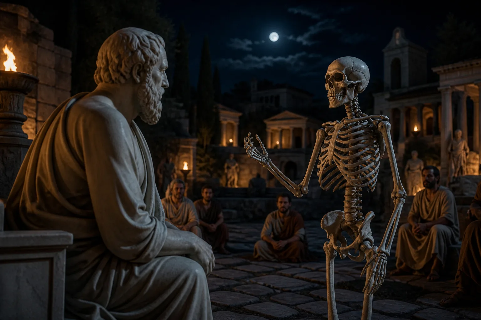 Stylized skeleton in conversation with a philosopher in an ancient Greek courtyard