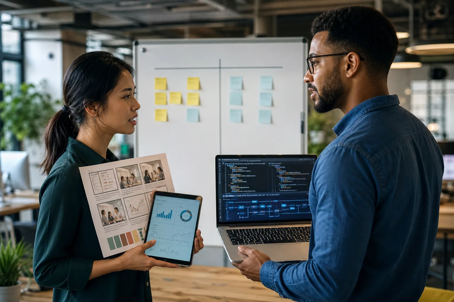 AI specialist role marketing vs technology classification: a marketer with storyboards beside an engineer with API diagrams