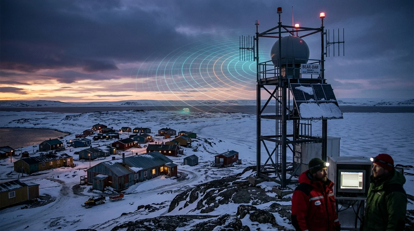 A highly advanced Bear-dar radar tower installation in a snowy Arctic landscape at dusk scanning for polar bears