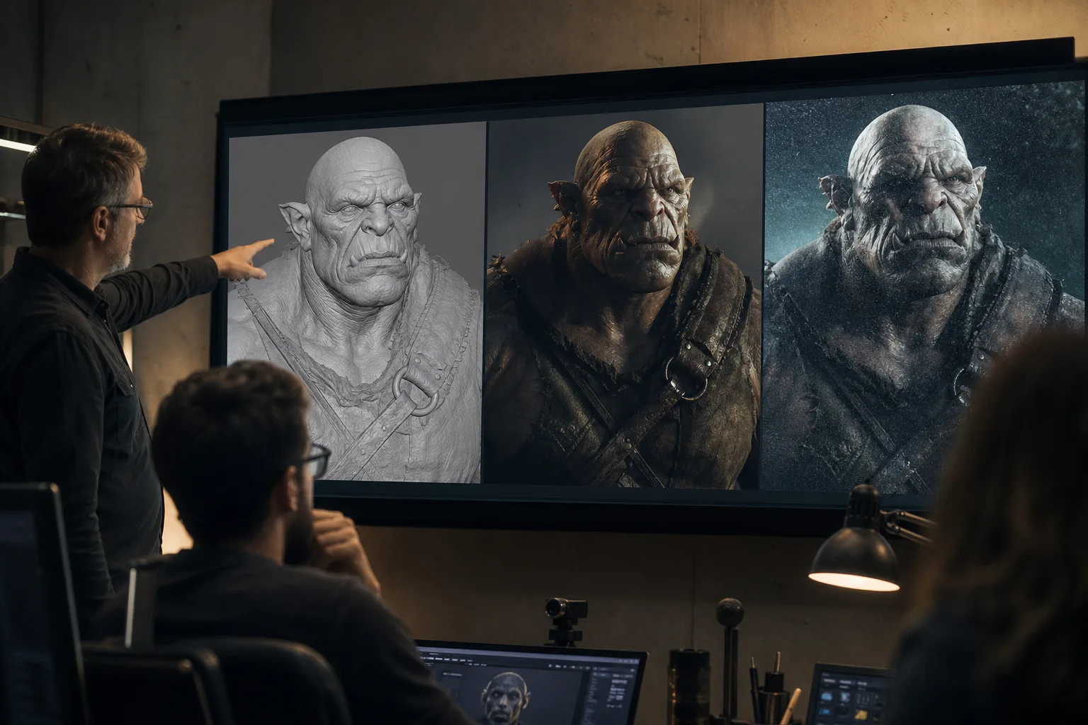 VFX supervisor comparing a sculpted 3D model with rendered beauty passes