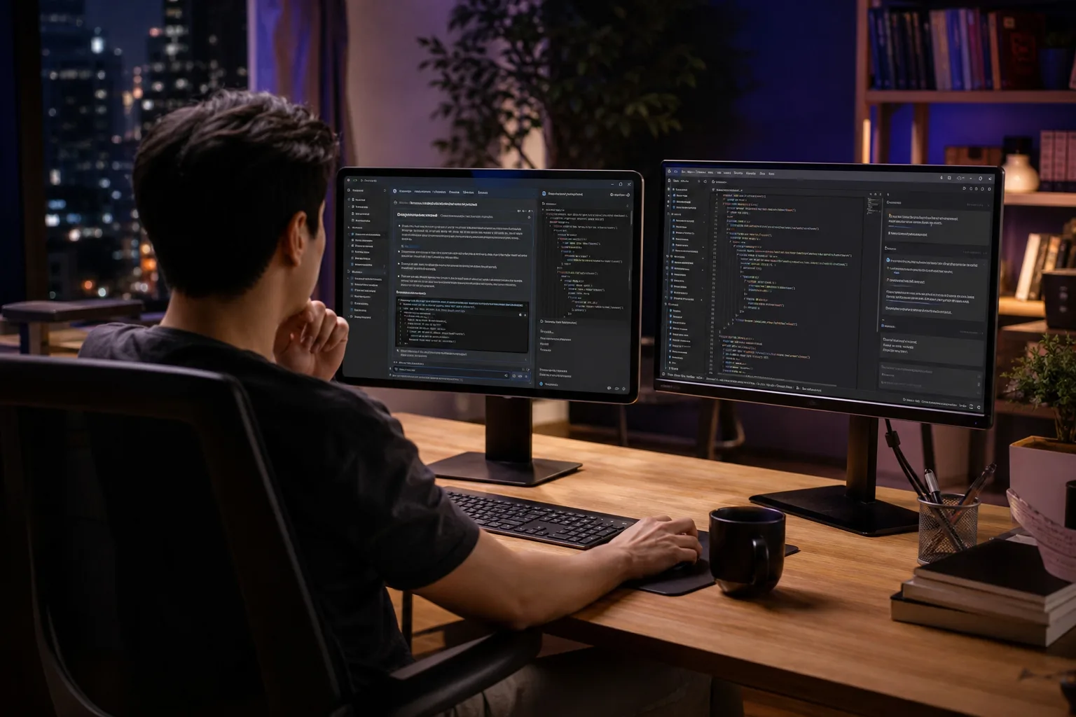 Cursor AI vs Copilot: two developers comparing a dedicated coding IDE with an assistant overlay in a familiar editor