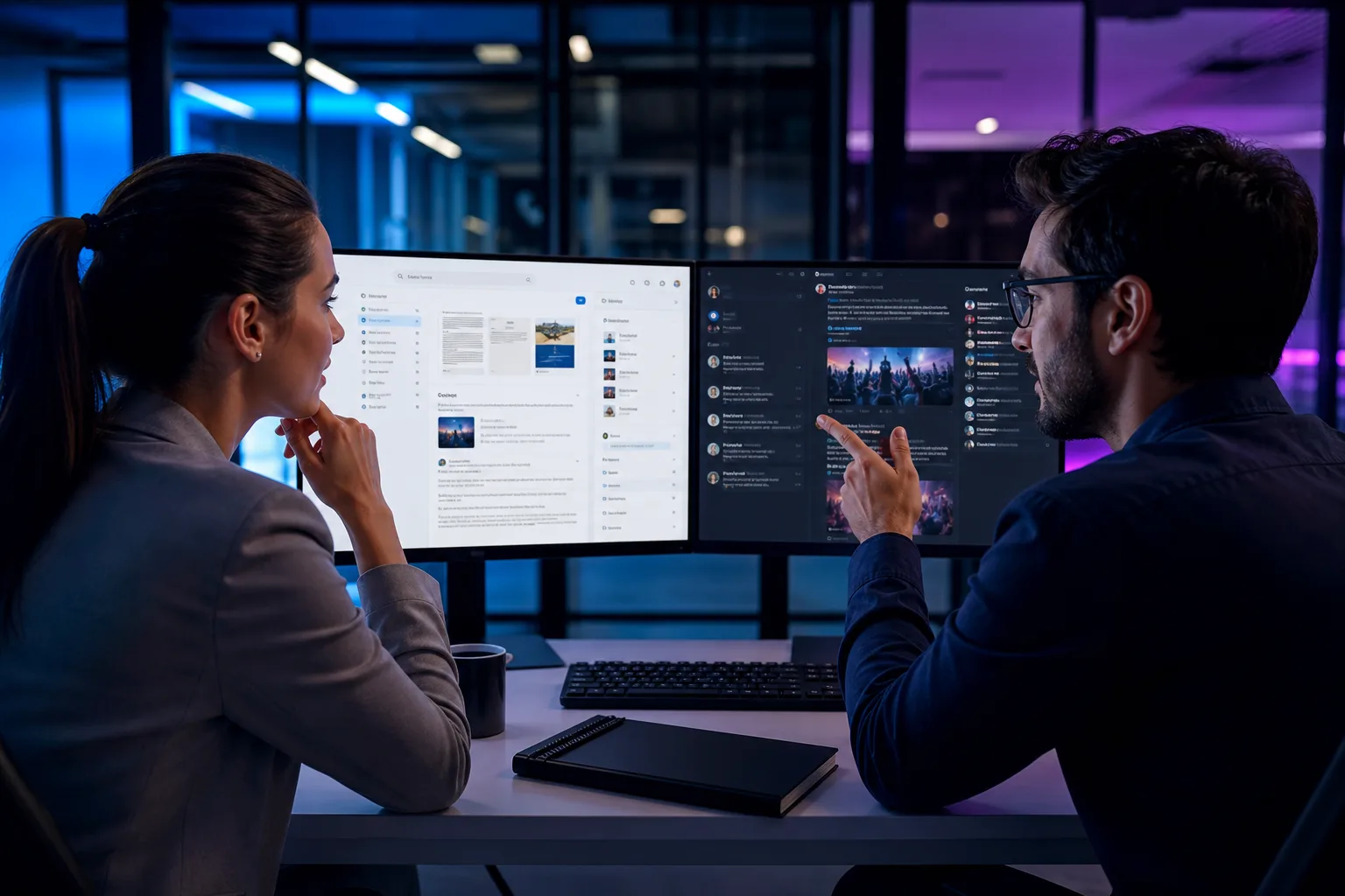 Gemini vs Grok: two professionals comparing a productivity dashboard and a live social feed on dual monitors