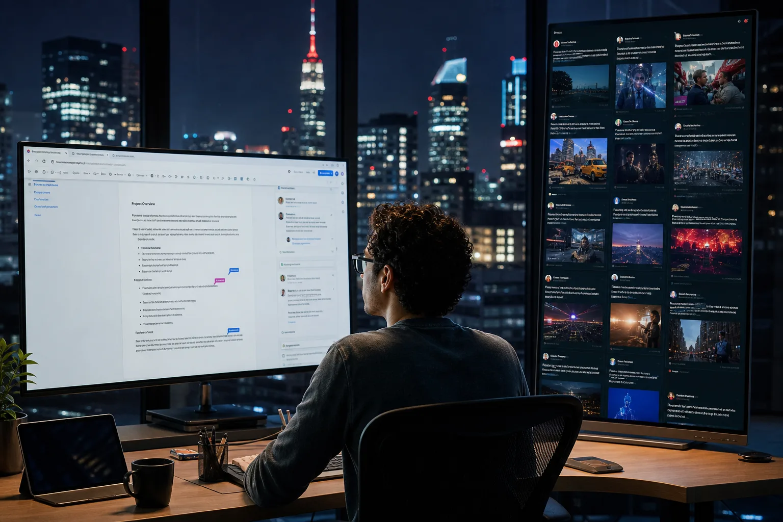 A designer working between a collaborative document screen and a live social-style feed