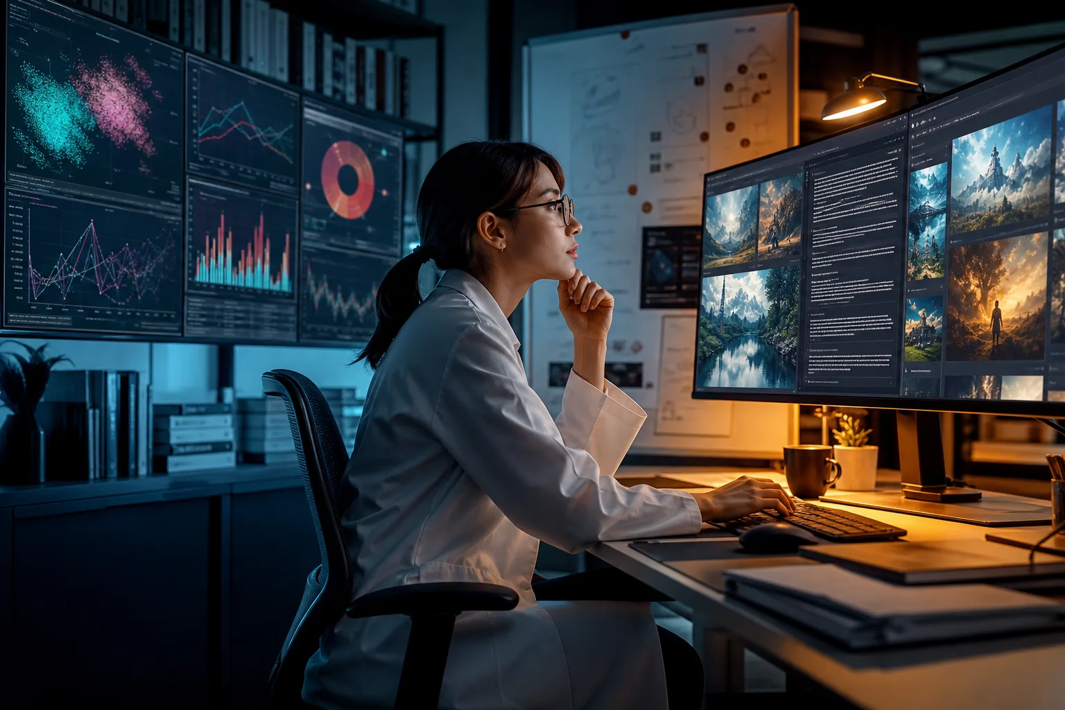 How generative AI works vs traditional AI: a researcher between classification charts and a workstation producing new images from a prompt