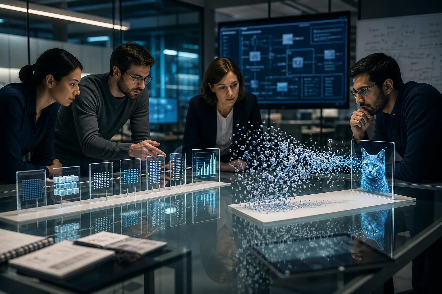 Engineers comparing a linear prediction pipeline with fragments assembling into a new illustration