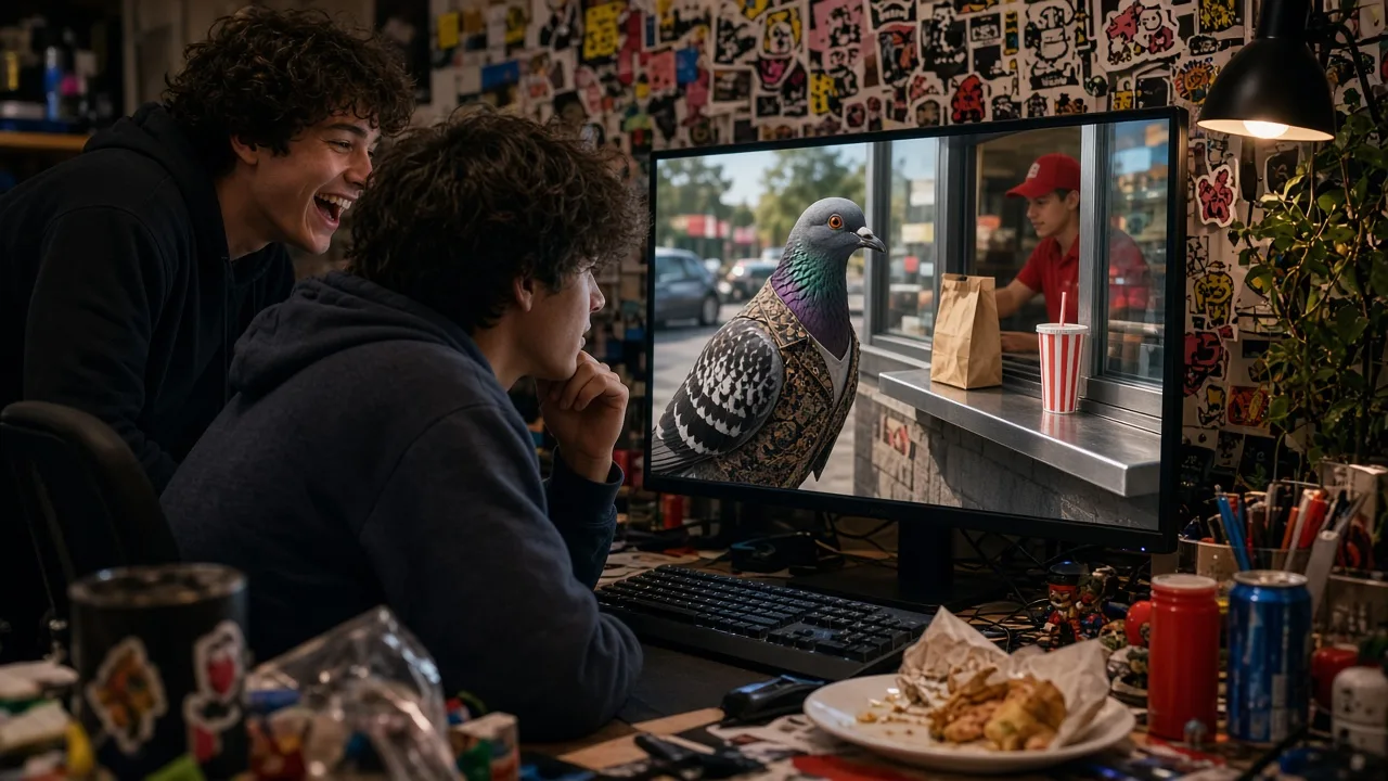 How to make goofy ahh AI images: a creator generating absurd cursed pictures at a cluttered desk