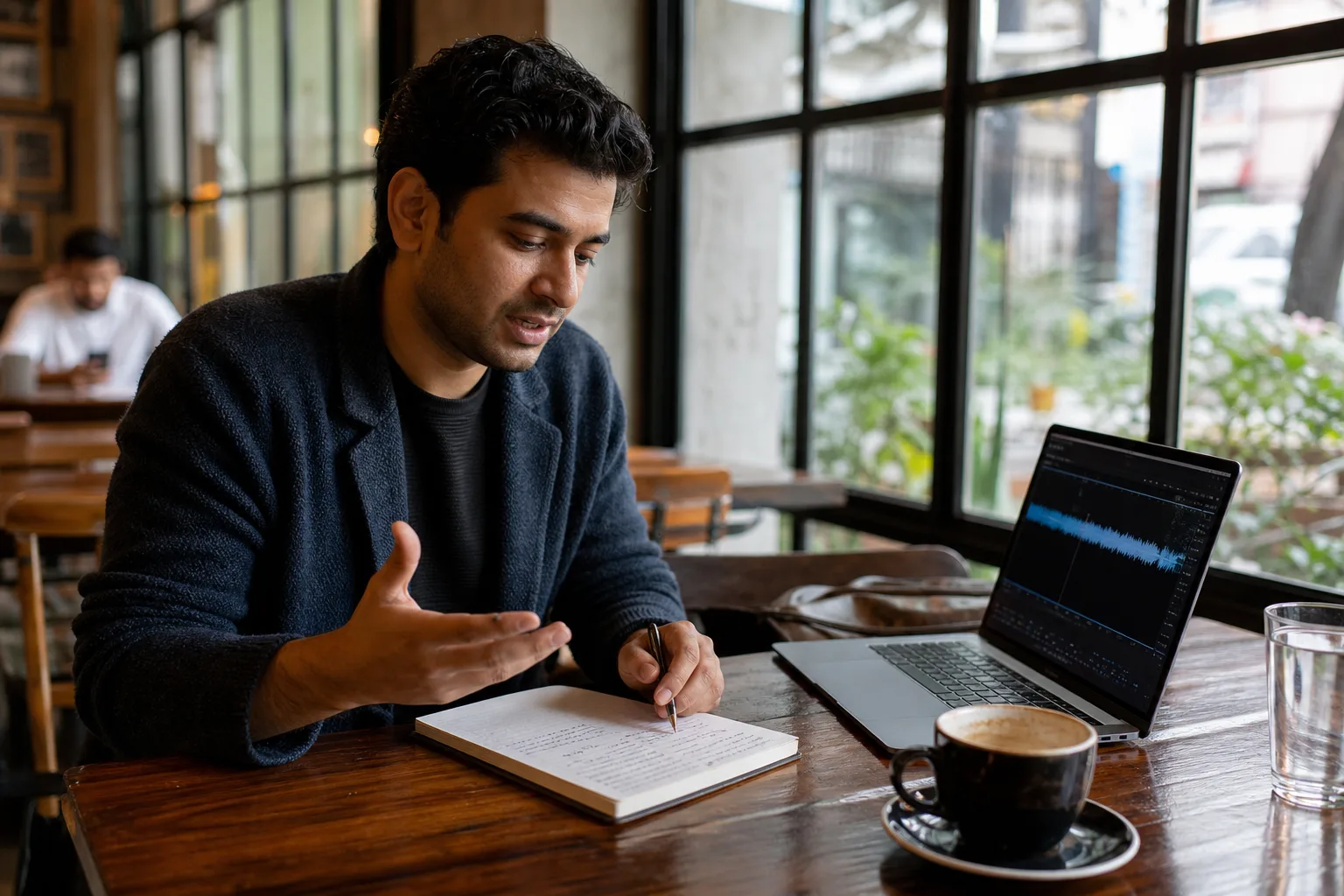 Founder rehearsing podcast guest notes beside a laptop waveform