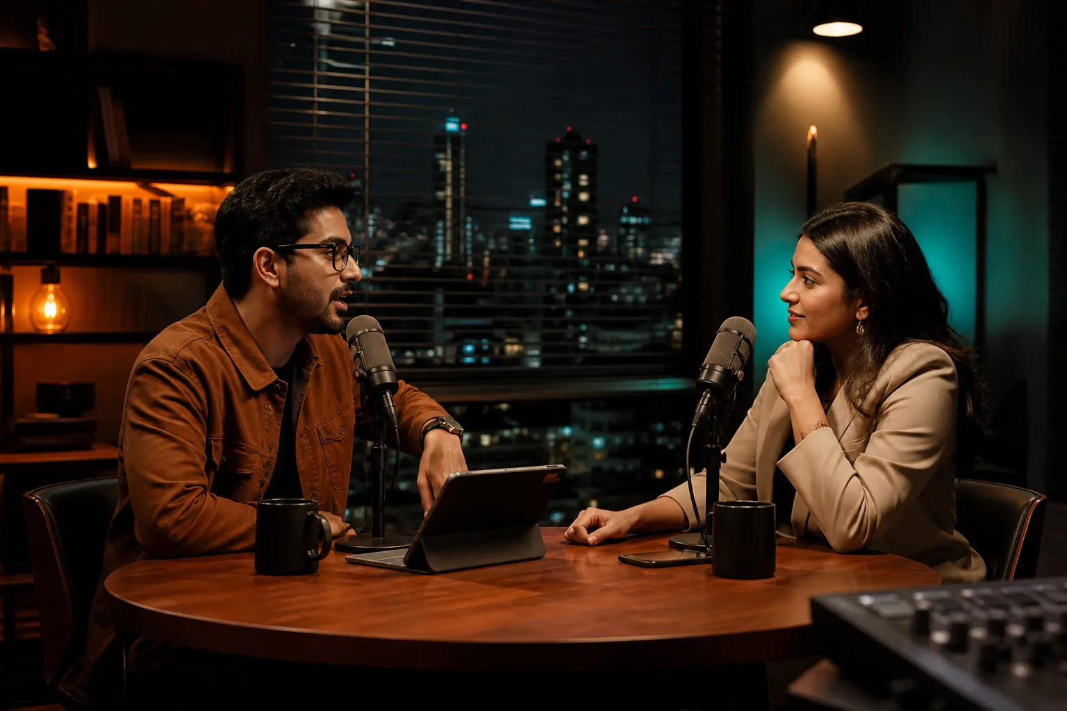 Indian AI tech podcast studio with hosts at condenser microphones