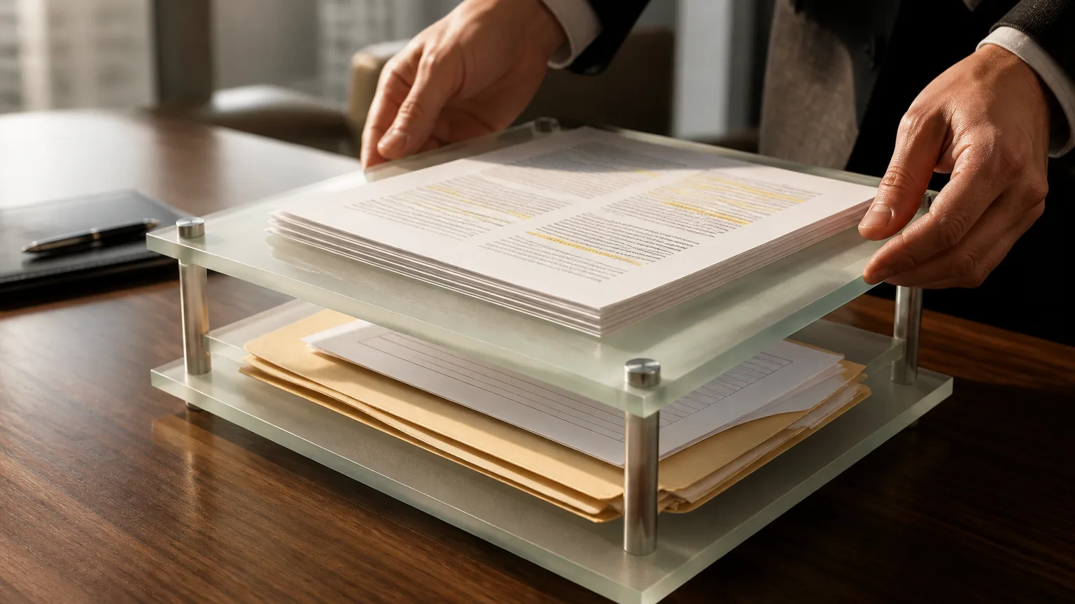 Two stacked glass layers: practice administration beneath a legal work AI layer