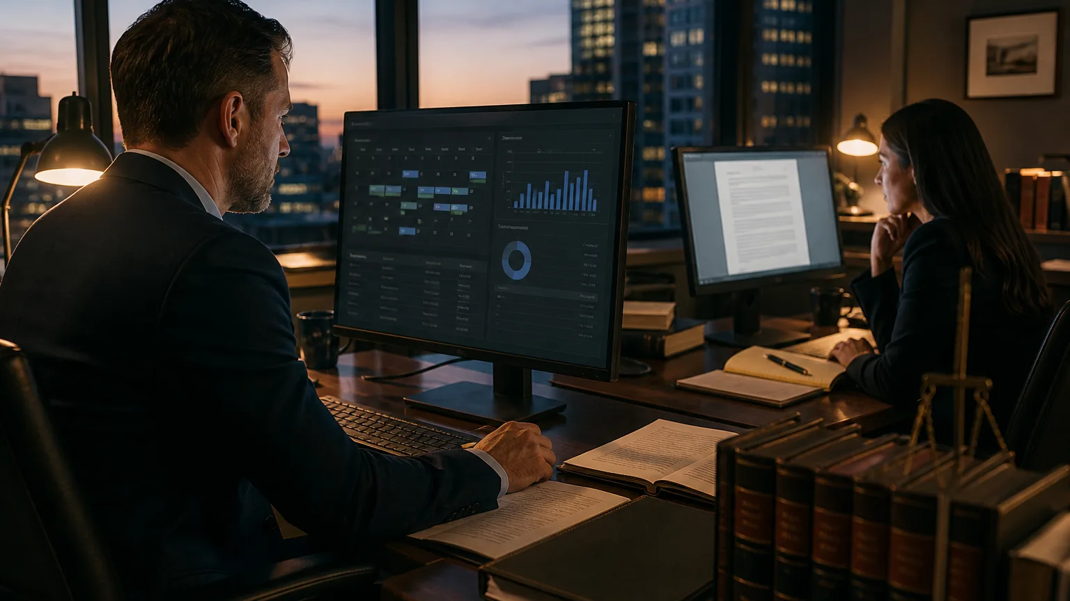 Legal AI vs practice management software: attorneys at dual screens showing a matter calendar beside a research draft