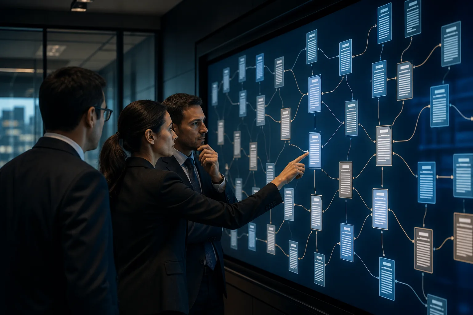 Attorneys reviewing a digital brief bank of interconnected legal documents