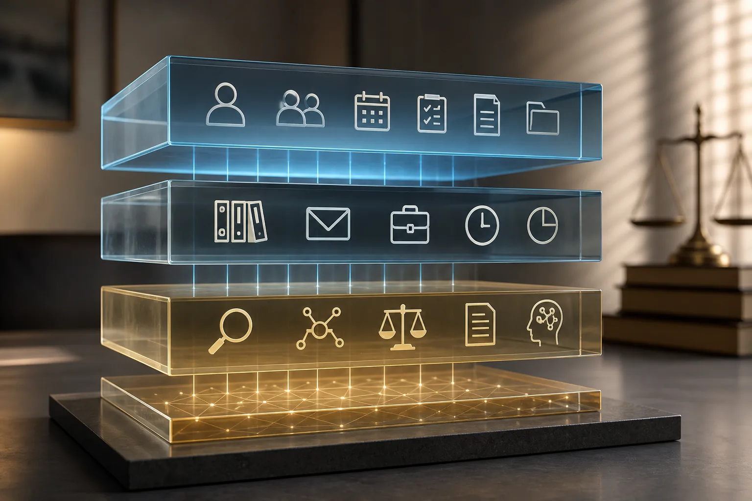 Conceptual layered glass slabs representing administration versus knowledge layers in a law firm stack