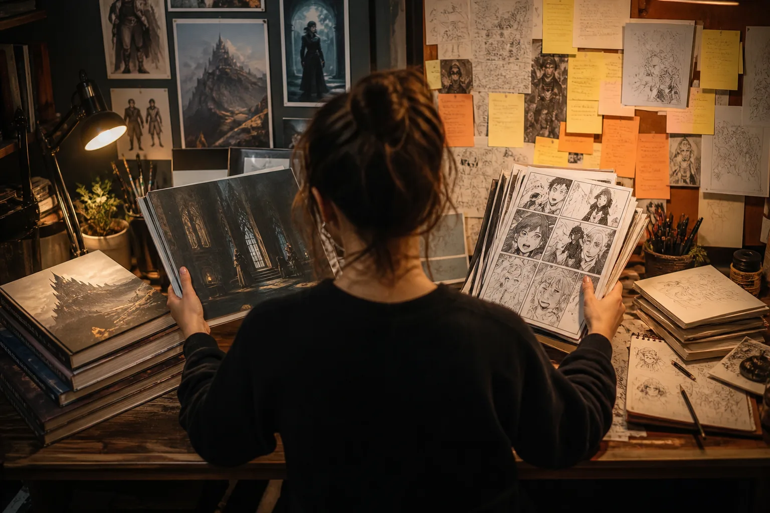 Canon hardcovers on one side of a desk and fan comics on the other