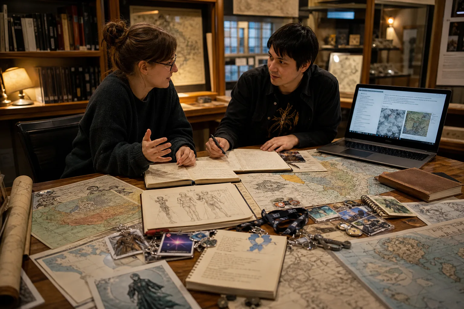 Lore niche fandom archive with canon books, sketchbooks, and a wiki on a laptop