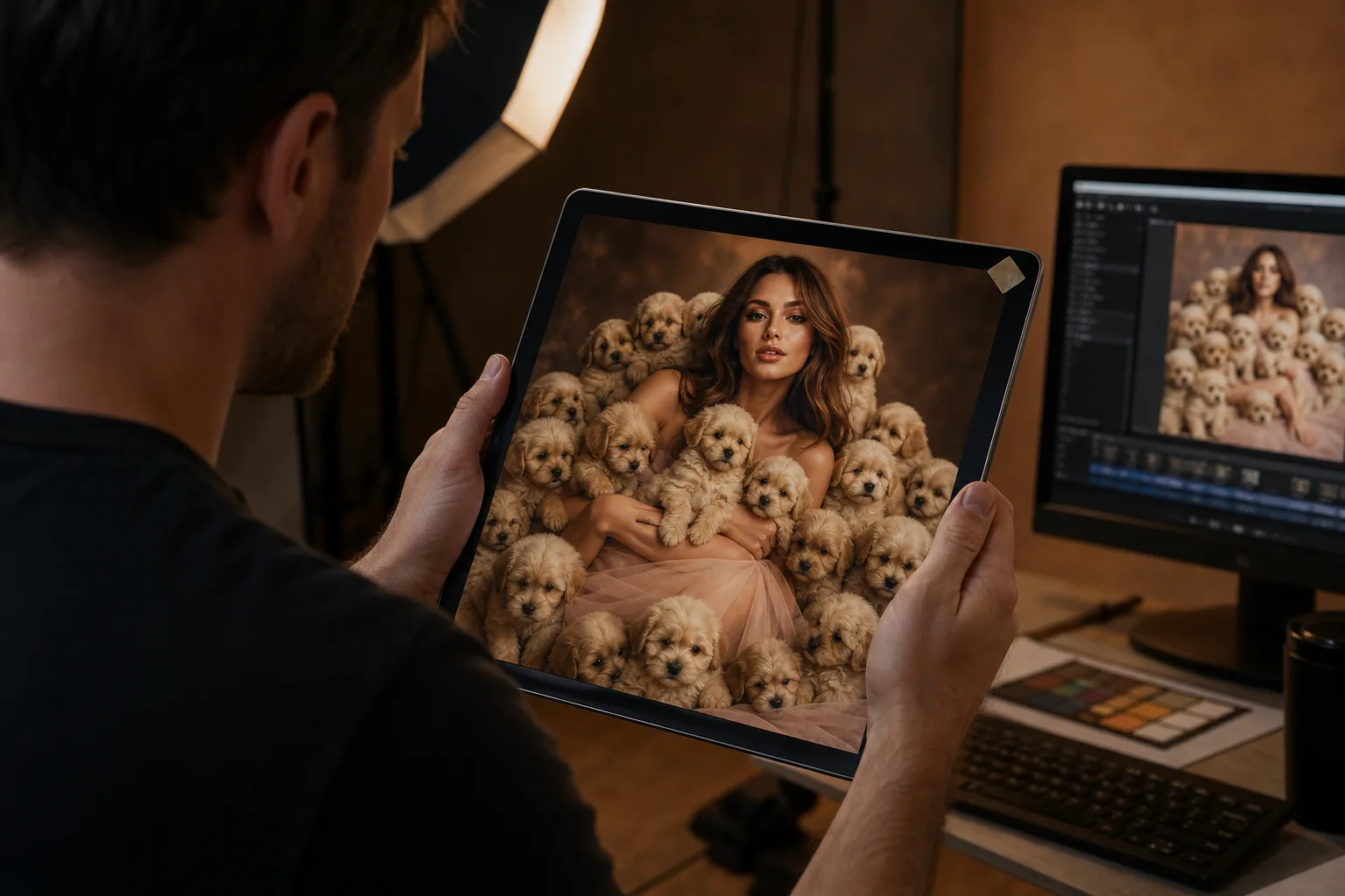 Photographer reviewing a Nano Banana puppies-galore fashion edit on a tablet