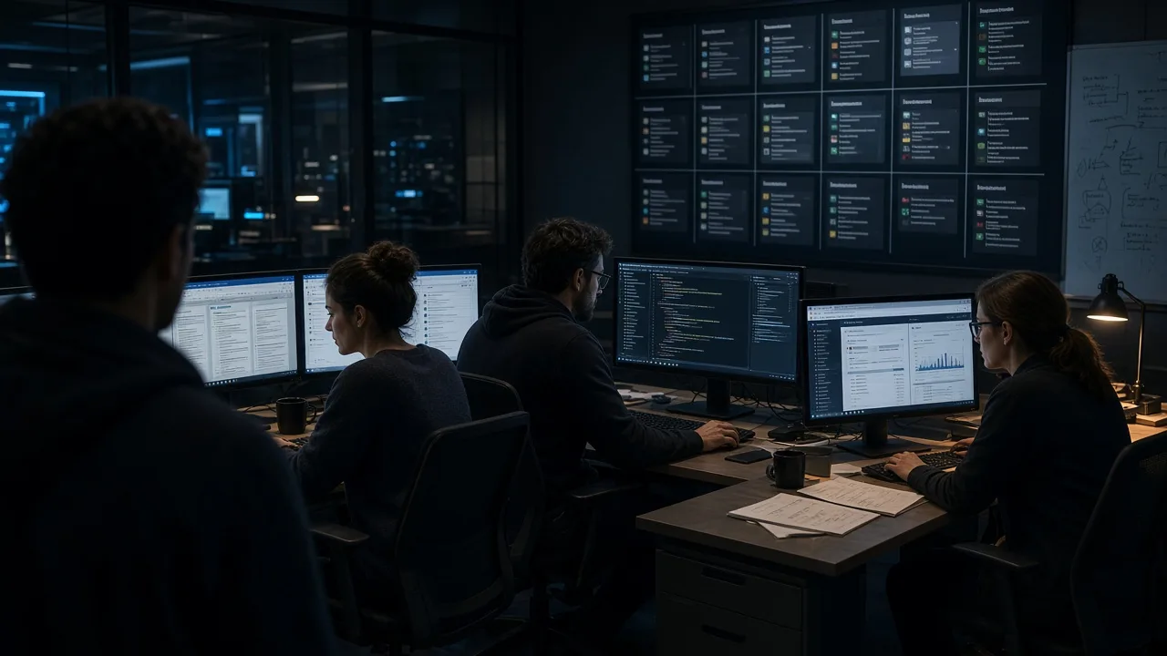 A product team watching a workflow split across research, browser, and coding stations