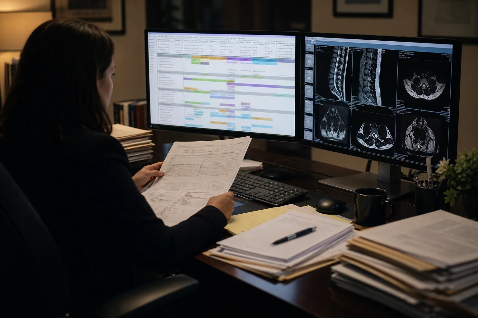 Medical records and imaging reviewed on dual monitors in a plaintiff law office
