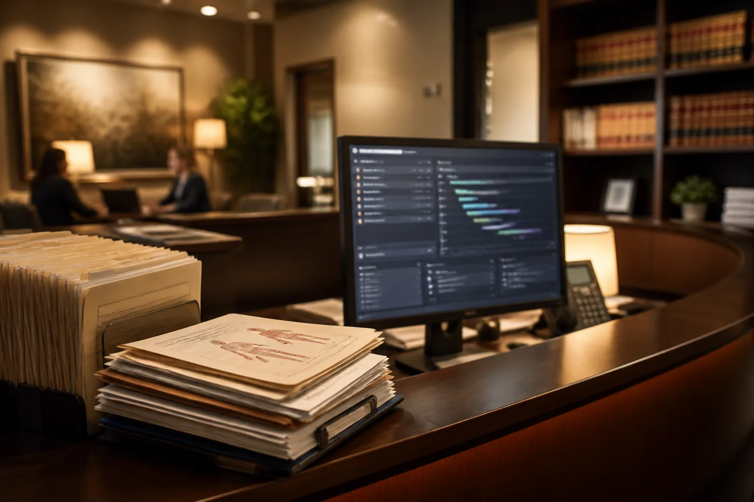 Plaintiff law firm intake desk with medical record folders and case dashboard