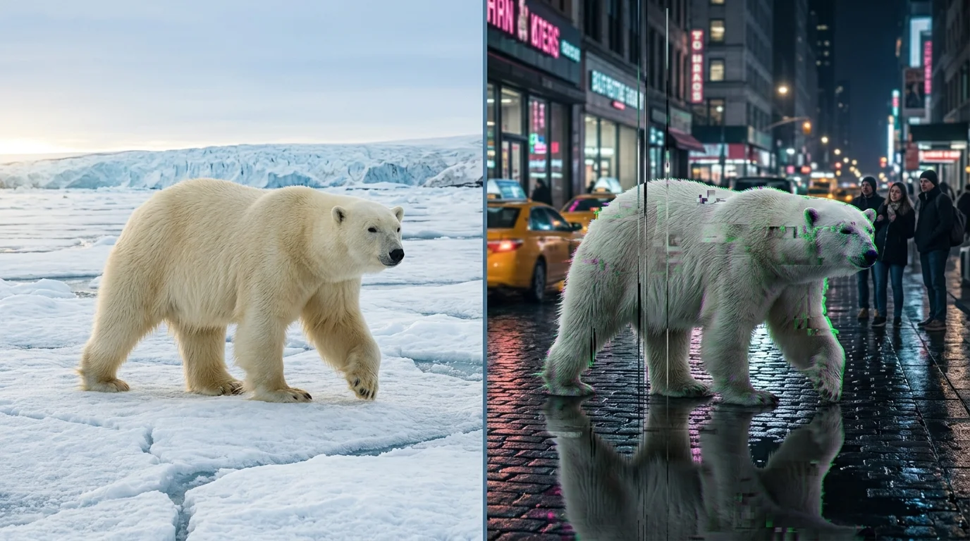 A side-by-side conceptual image showing a real majestic polar bear on ice versus a slightly glitchy hyper-exaggerated deepfake polar bear