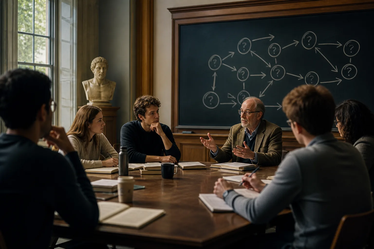 Seminar table with a professor and students in a question-and-answer debate