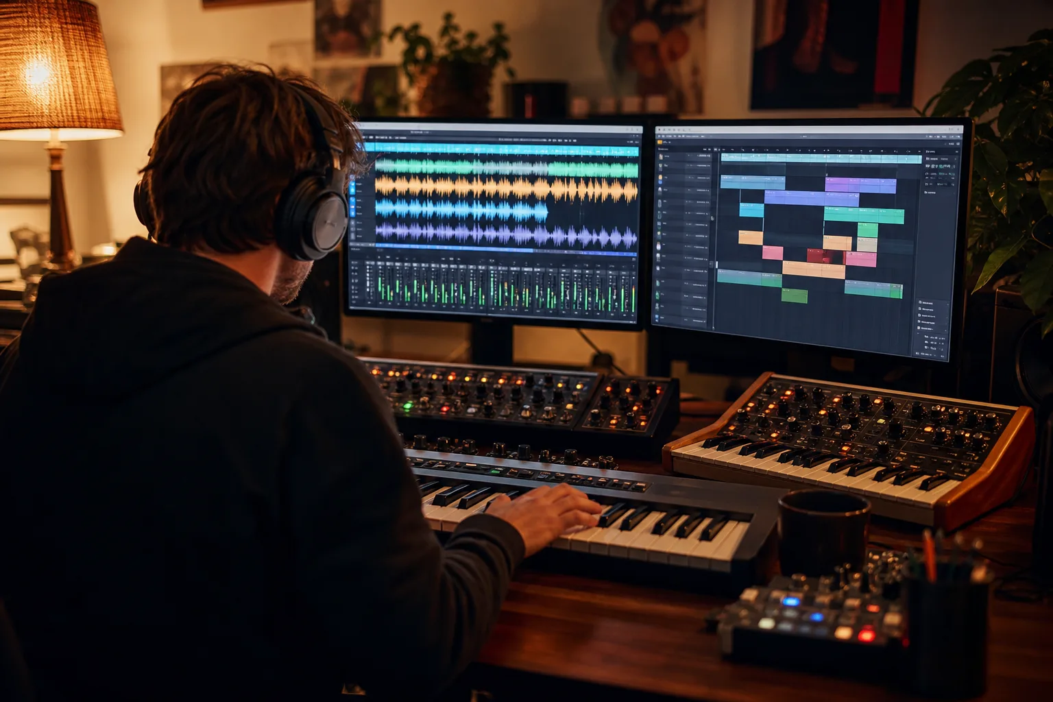Suno vs Udio: a musician at a home studio comparing a full-song waveform with a clip-by-clip timeline