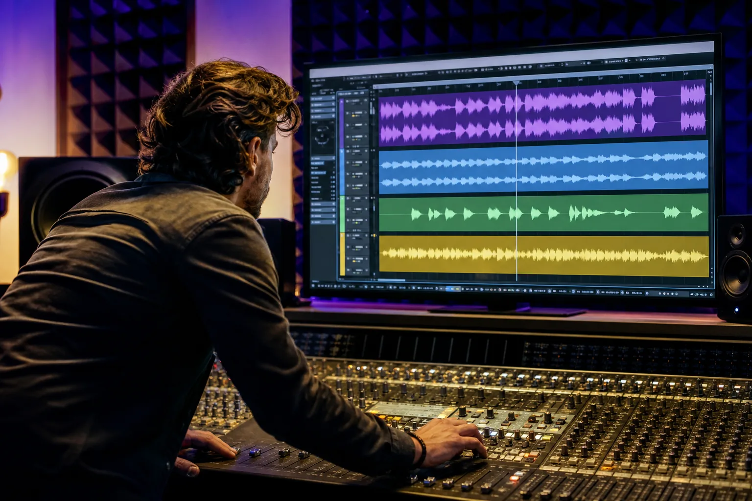 A producer editing isolated drum and vocal stems on a mixing console