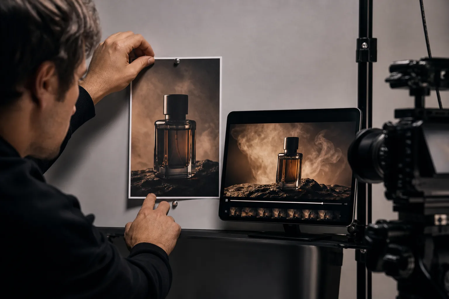 A product photographer comparing a printed perfume still with a short motion clip of the same bottle