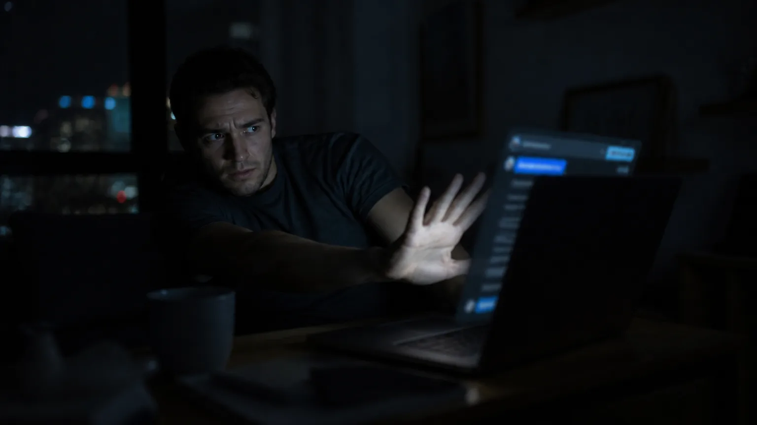 Unhinged AI: a person stepping back from a late-night chatbot screen that has gone off-tone