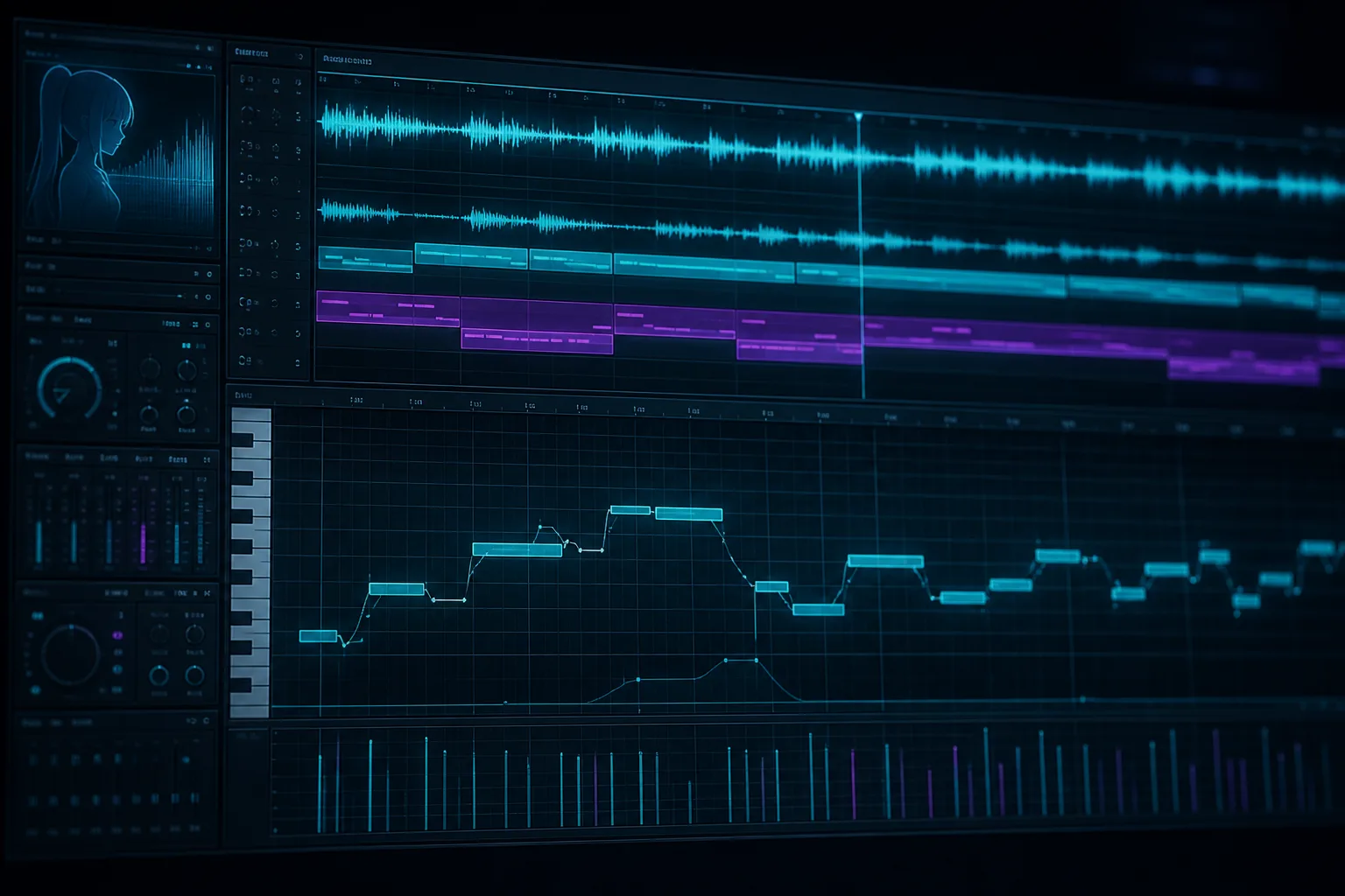 Studio piano-roll workflow for a Vocaloid voicebank